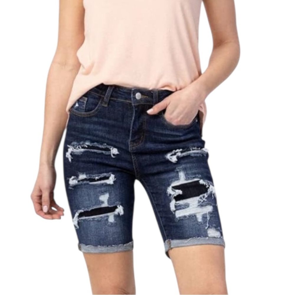 Judy Blue Patch Destroyed Dark Denim Bermuda Jean Shorts - Picture 3 of 5